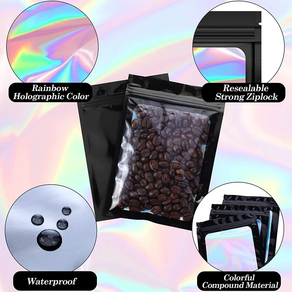 100PCS Smell Proof Holographic Bags Resealable Foil ZipLock Bags Clear Window Candy Food Plastic Package Bag Small Pouches