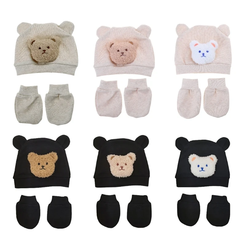 B2EB Anti Scratch Mittens & Bear Ear Baby Hat Fashionable Baby Hat & Secure Anti Scratch Mittens Gift Set for Newborns