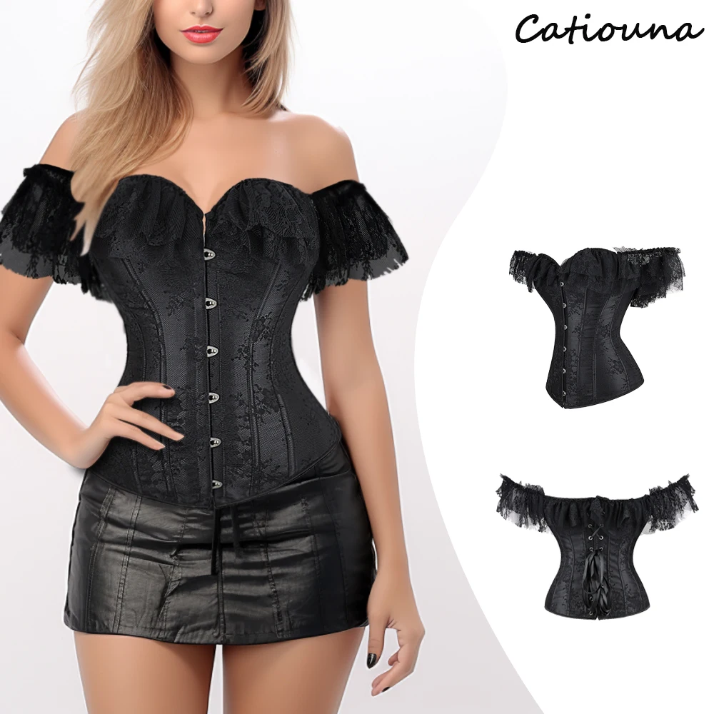 Sexy Corset Top Bustier Lingerie Women with Short Sleeves Renaissance Plus Size Lace Floral Costumes Black White Red Blue