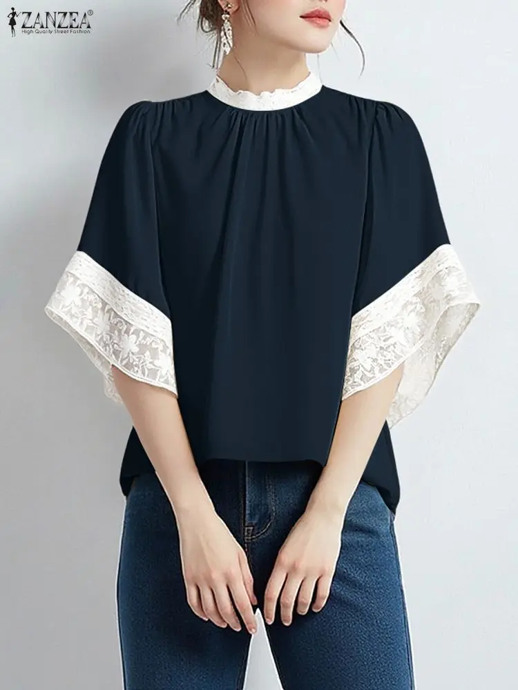 ZANZEA-Blusas elegantes de retazos de encaje para mujer, Tops a la moda con cuello levantado y manga 3/4, ropa de mujer 3XL