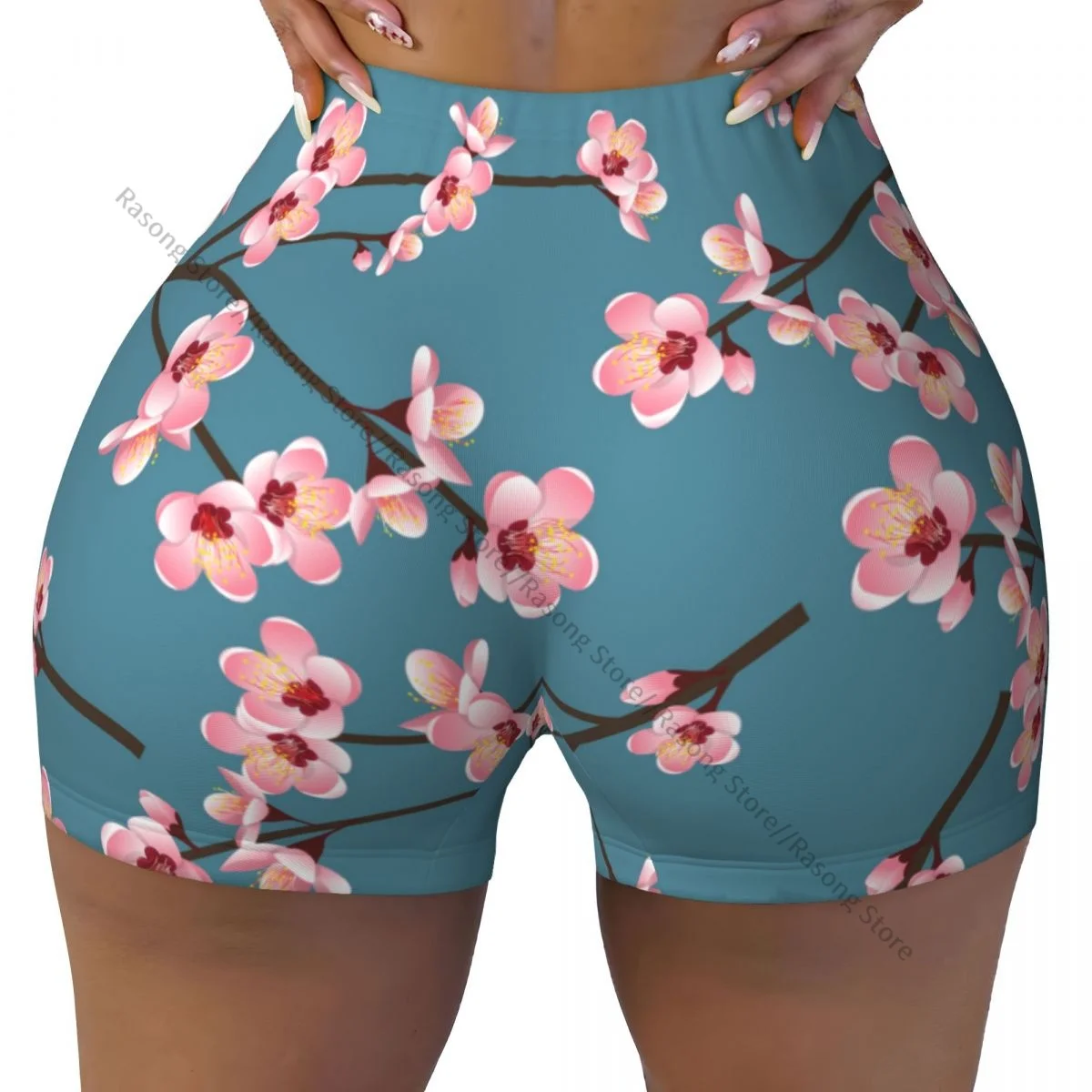 Women's Yoga Shorts Sakura Blue Background Scrunch Booty Butt Lifting Comfort Fitness Gym