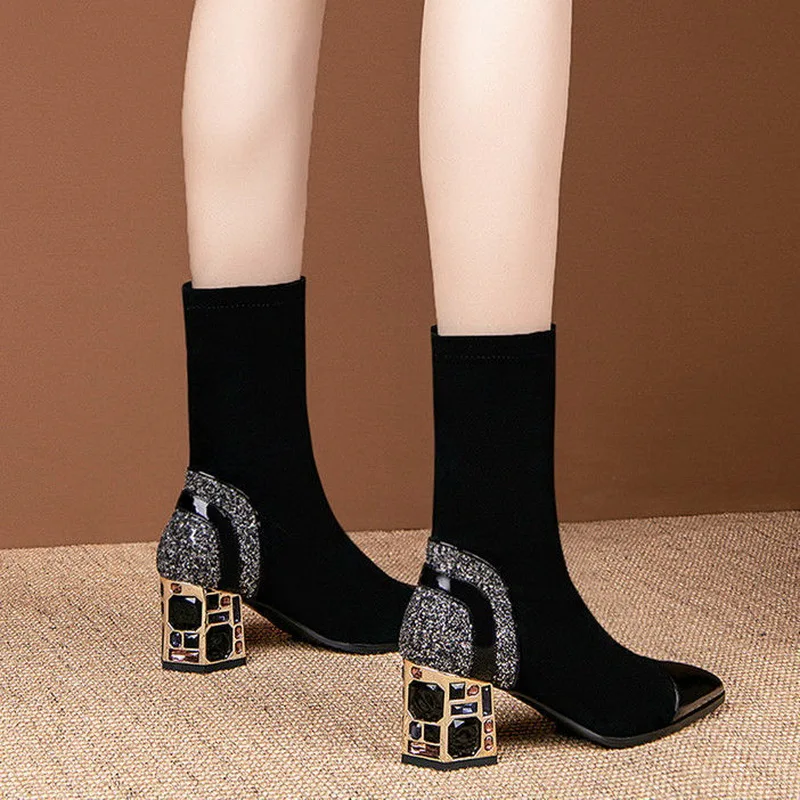 Slim Short Boots Woman Mid Calf Boot Elastic Fabric Rhinestone Square Heel Women\'s Winter Shoes Black Female Footware