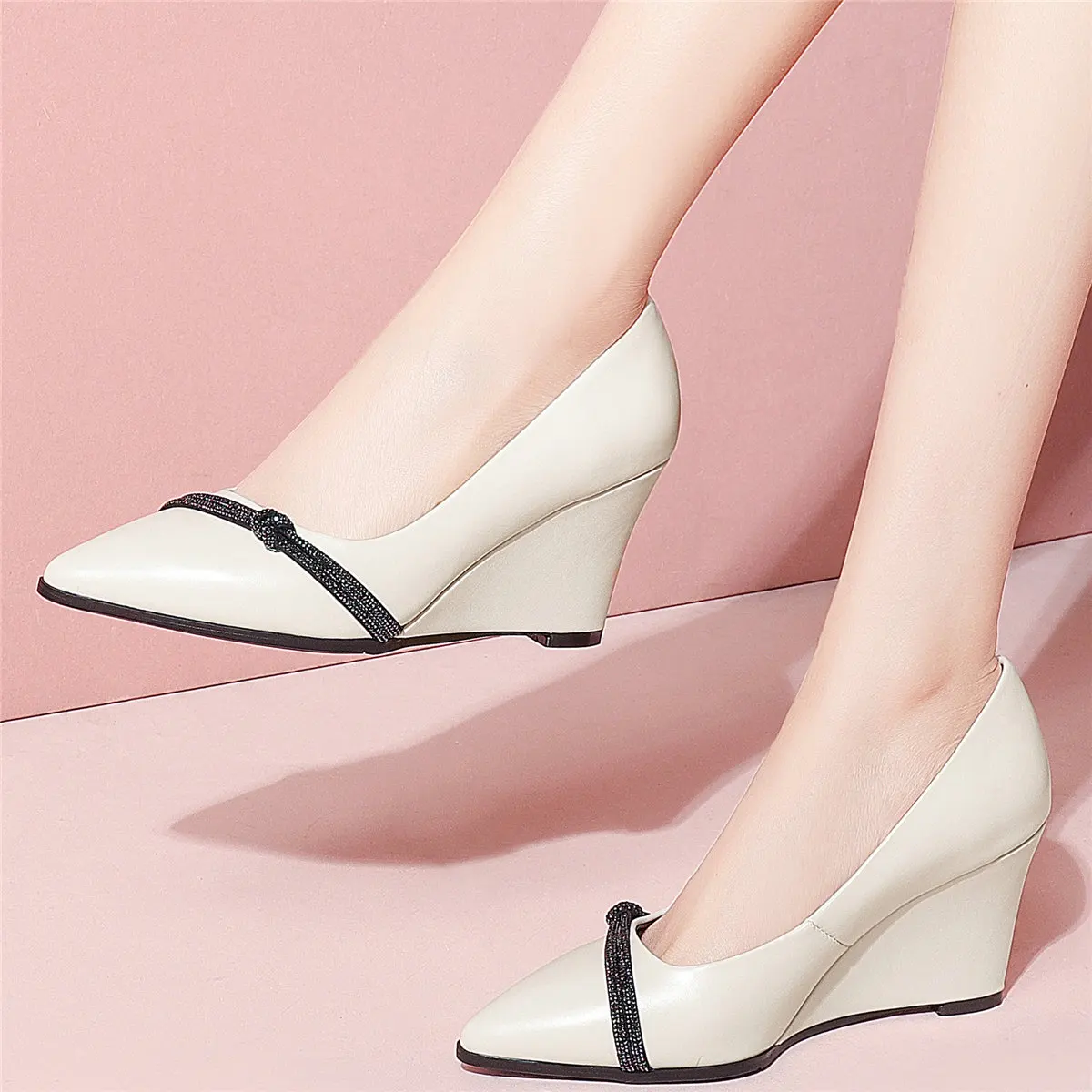 Low Top Platform Ankle Boots Women Slip On Genuine Leather Wedges High Heel Pumps Female Pointed Toe Oxfords Shoes Casual Shoes