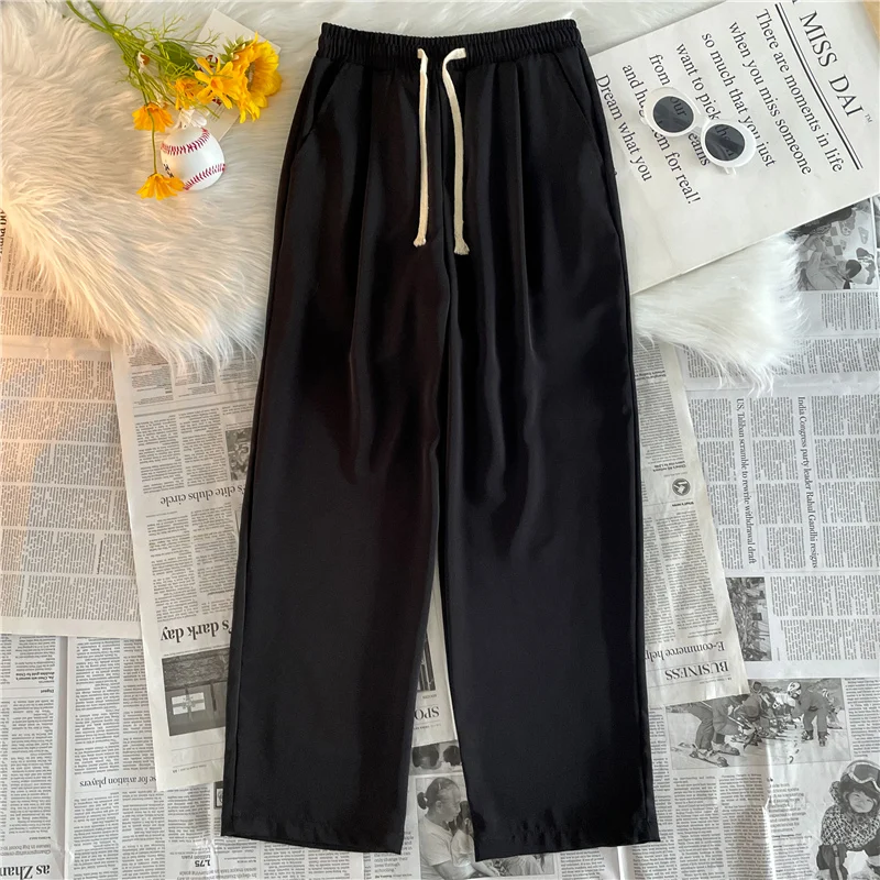 

Autumn Fashion Straight Leg Men's Trousers Drawstring Loose Wide Leg Pants Casual Pure Color Youth Style Summer Nine Points