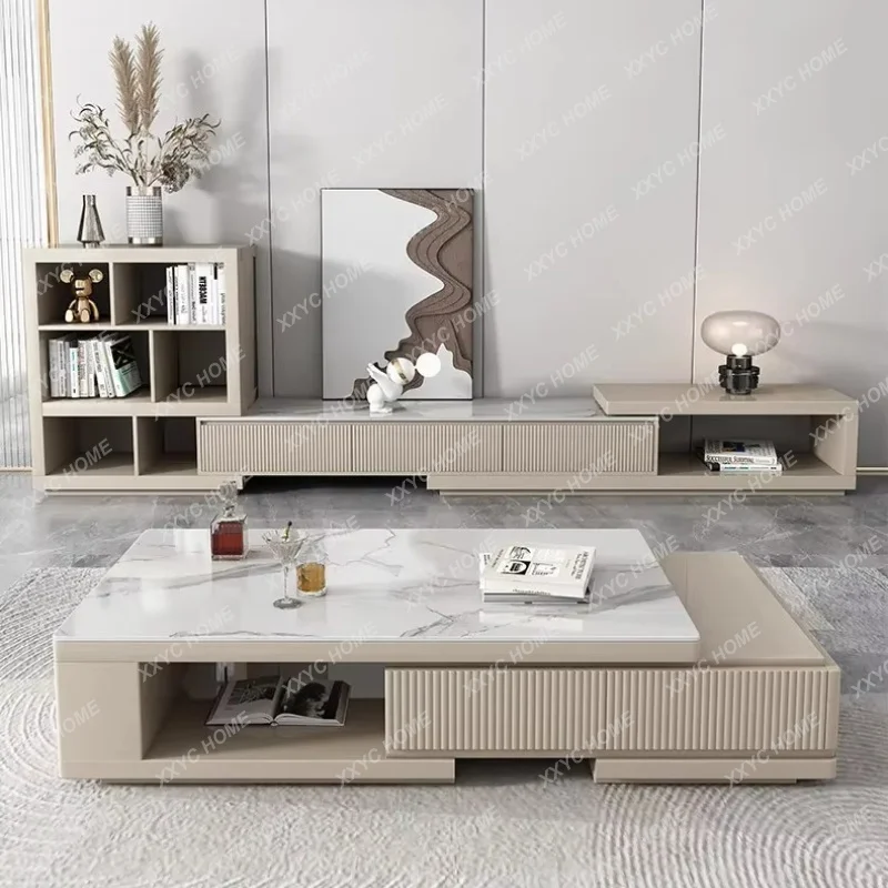X Rock slab coffee table living room household light luxury modern coffee table TV cabinet cream advanced new telescopic