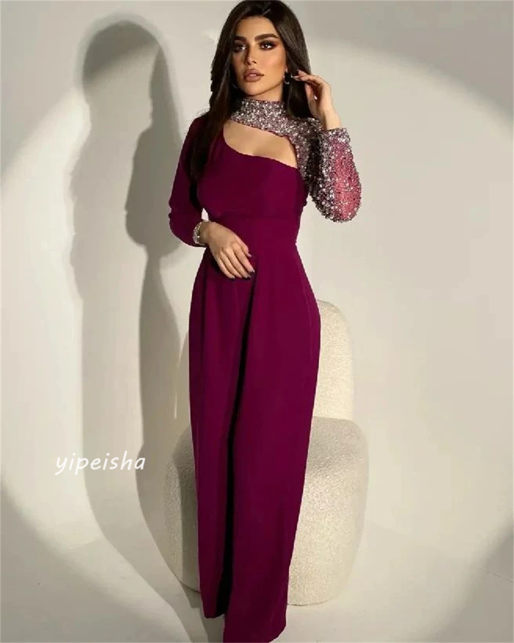 Jersey Sequined Beading Ruched Birthday A-line High Collar Bespoke Occasion Gown Midi Dresses