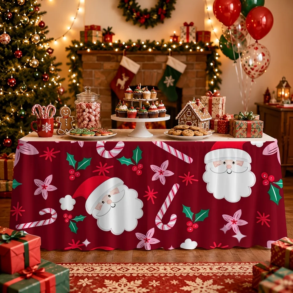 1 piece, Santa Candy Stick Printed Tablecloth Table Skirt, suitable for sending an event kitchen and dining room decoration