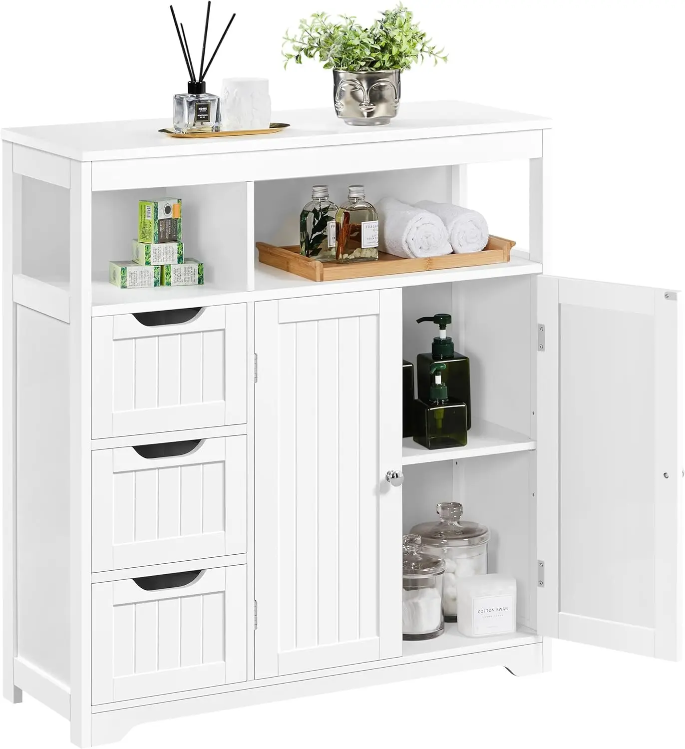 

Bathroom Floor Cabinet, Wooden Storage Organizer with 3 Drawers and 2 Open Shelves, Freestanding Storage Cabinet with a Large