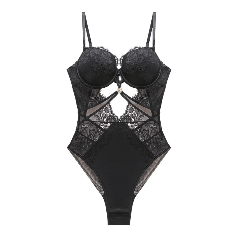 Sexy lace one-piece jumpsuit underwear gathers the pair of breasts to adjust the anti-sagging bra set perspective female corset