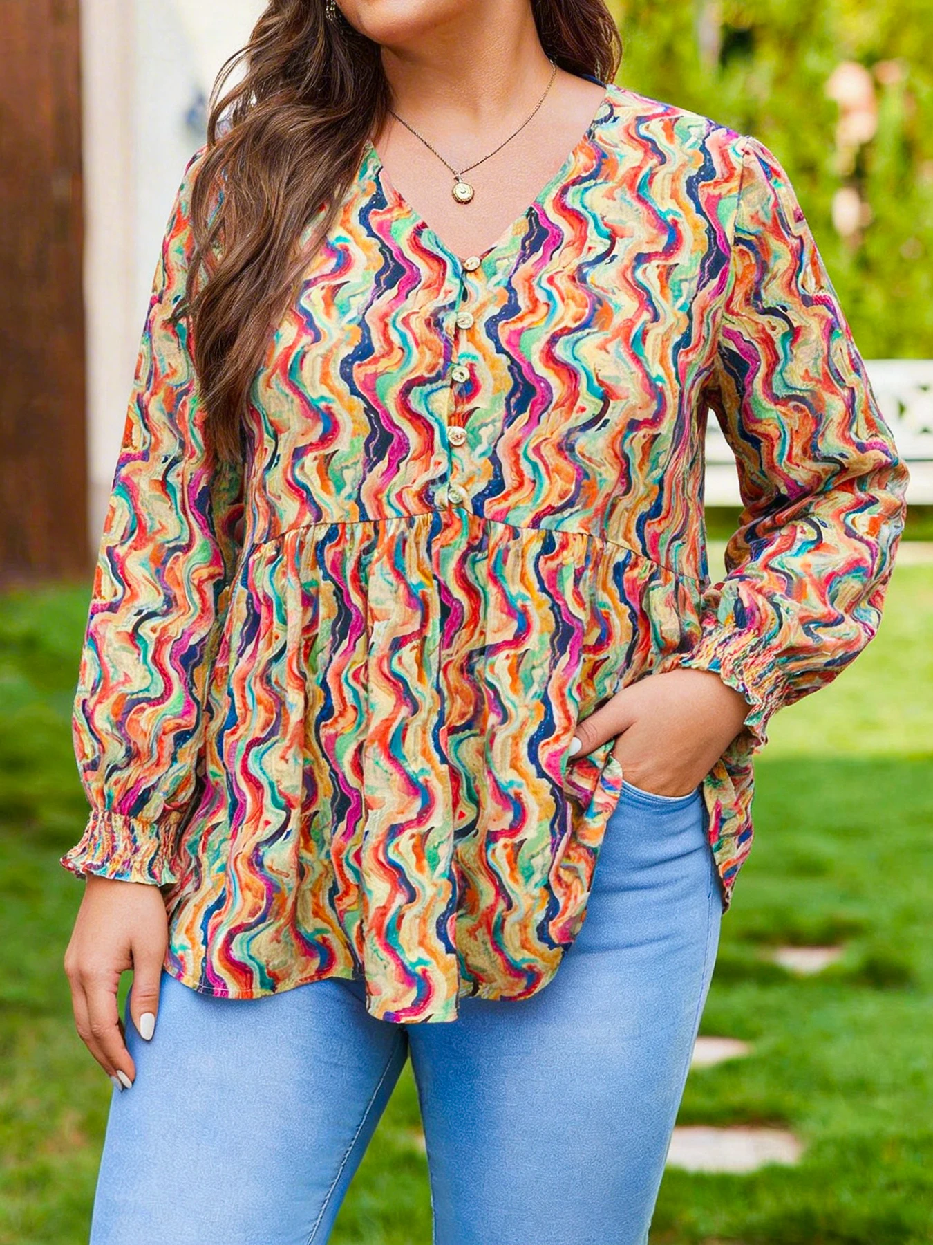 

Plus Size Women's Color Wave Top V-Neck Waist-Tie Lantern Sleeve Loose