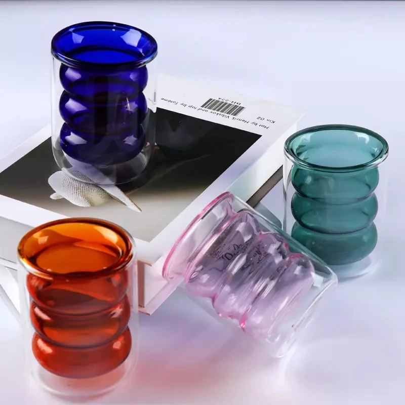 300ml Creative Colored Double Layer Glass Cup Heat-resistant Tumbler Drinkware Tea Juice Milk Coffee Mug Water Glass Ripple Mugs