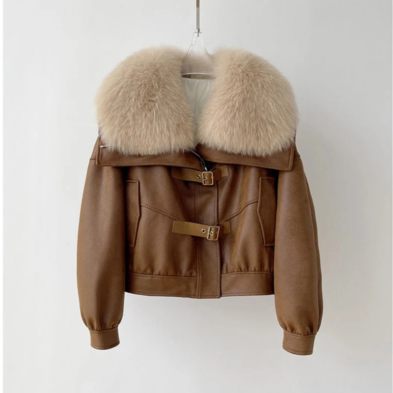 Winter Big Fur Collar Sheepskin Suede Jacket Parka Women's Long Sleeve Fluffy Faux Fur Leather Jacket Warm Coat