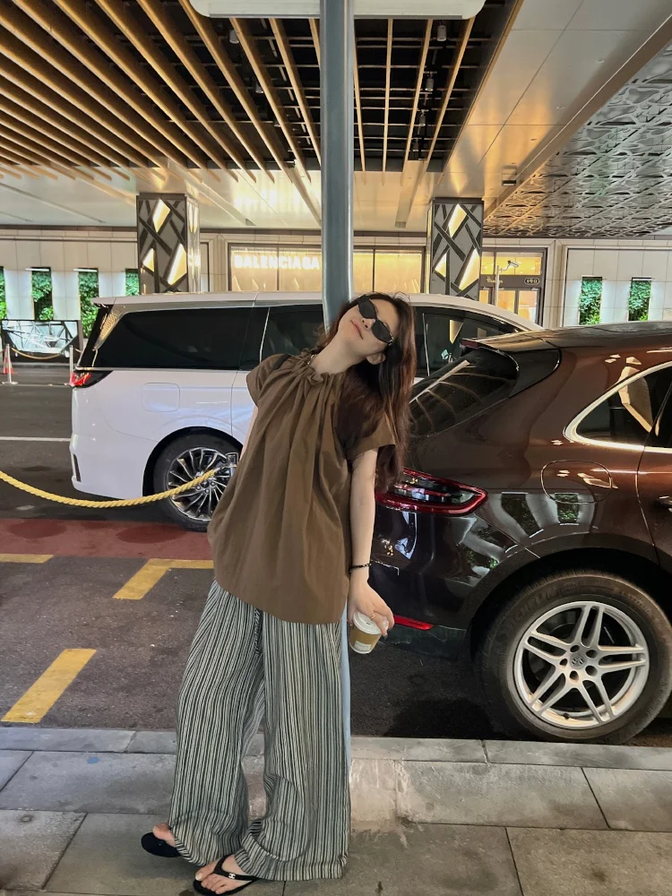 

Женская свободная блузка Superniniyy с кружевным воротником и коротким рукавом, с 3D-эффектом, визуально стройнящая, омолаживающая, модная, в корейском стиле, из хлопка.