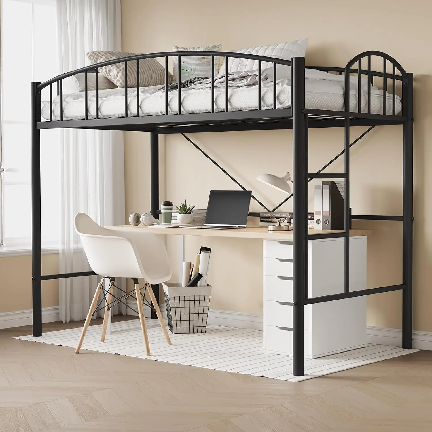 Heavy Duty Metal Loft Bed Frame, Sturdy Steel Slats Support, Small Space Saving Design, No Box Spring Needed, Black