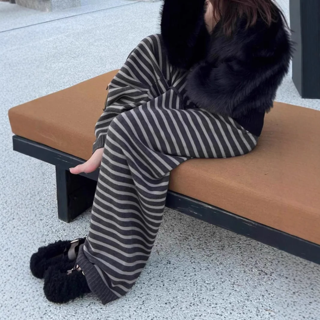 Woman's Contrast Color Stripe Wide Leg Trousers Vintage Y2K Loose Knitted Casual Pant Aesthetic Girls Straight Pants Trend