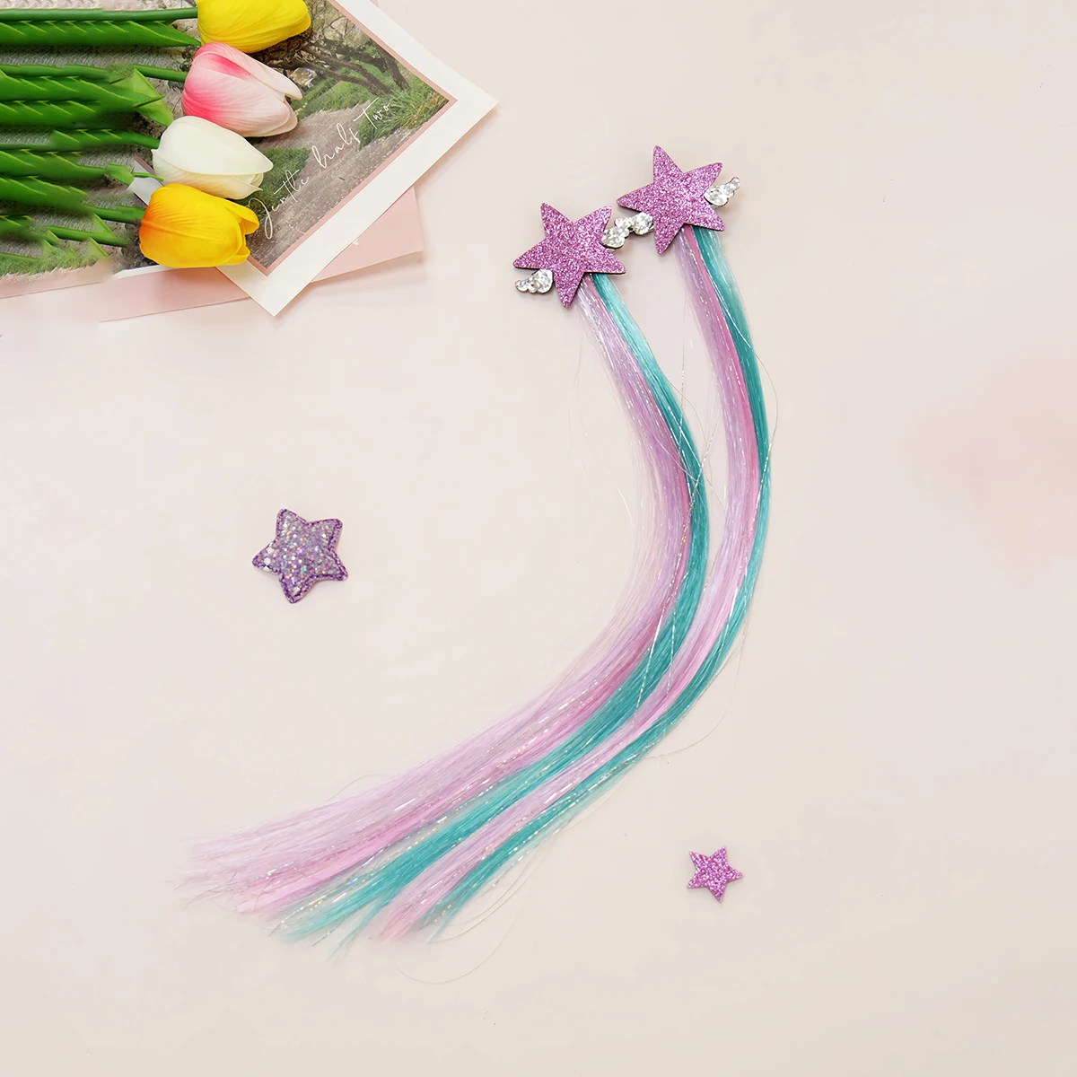 

Star Hair Extension Clip - Purple Star Design with Pink Blue Ombre Hair Strands, Sweet Style Hair Accessory