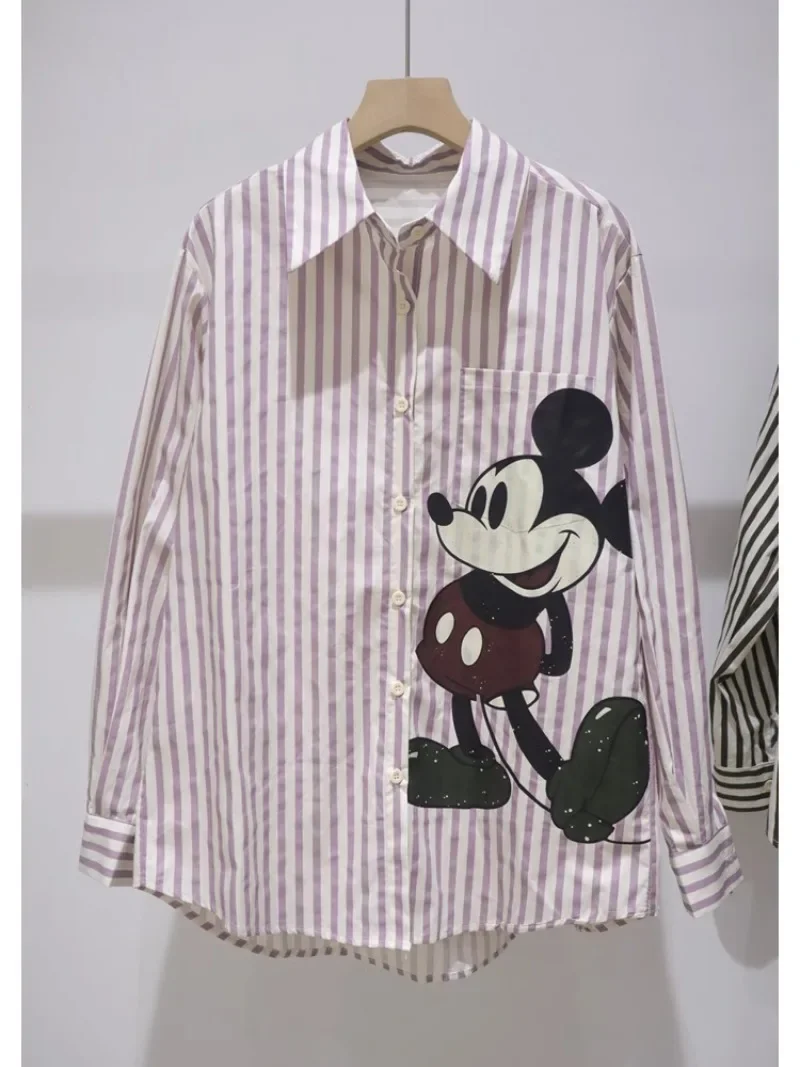 Age Reduction Versatile Cartoon Cute Blouse 2024 Early Autumn Loose Thin Medium And Long Cotton Striped Long-sleeved Shirt Women