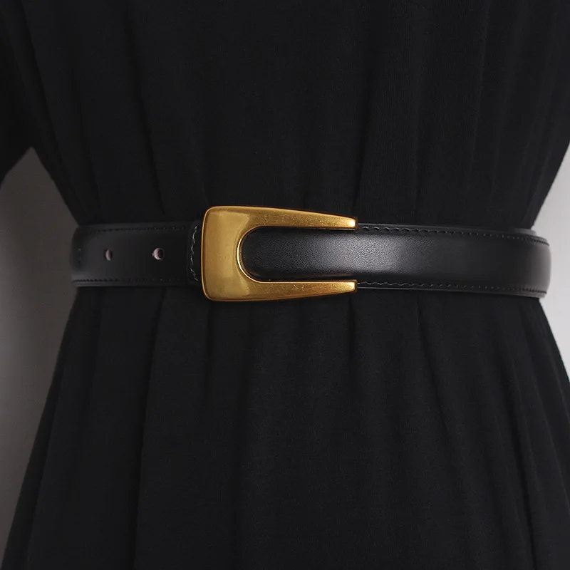 

Ladies' Letter Design Sense Fashionable Dress Thin Belts Women's Korean Minimalist Black Genuine Leather Decoration Jeans Belt