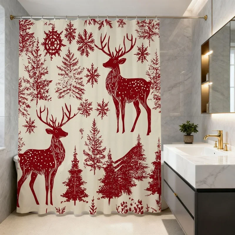Christmas Shower Curtain Snowman Gingerbread Man Santa Xmas Tree Reindeer Waterproof Bath Curtain Holiday Decor w Hook