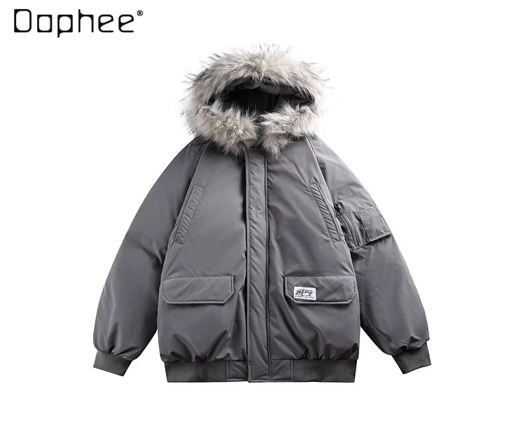 

Winter Men's Multi-Pocket Patchwork Black Hooded Cotton Jacket American Style Thickened Gray Apricot Casual Parka Cotton Coat