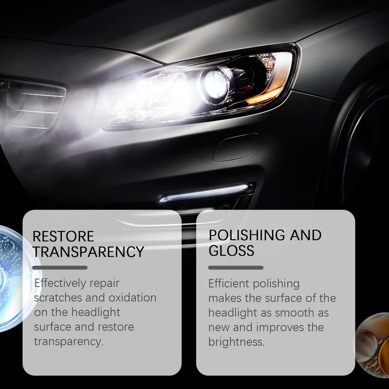 معجون إصلاح العناية بالصباح الأمامي، إزالة غبار السيارات، تنظيف اشراق، مضاد للتصفر، تلميع، تجديد المصابيح الأمامية الباهتة