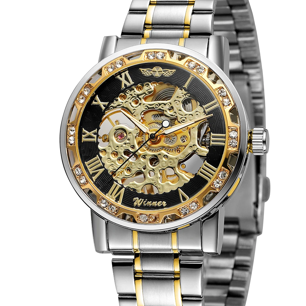 

WINNER Classic Mens Mechanical Wristwatches Stainless Steel Strap Skeleton Male Watches Top Brand Luxury Diamond Ring Case Clock