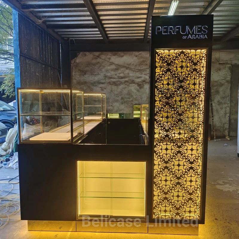 Custom, Luxury Retail Store Perfume Cosmetic Glass Display Counter Showcase Elegant Perfume Display Mall Kiosk