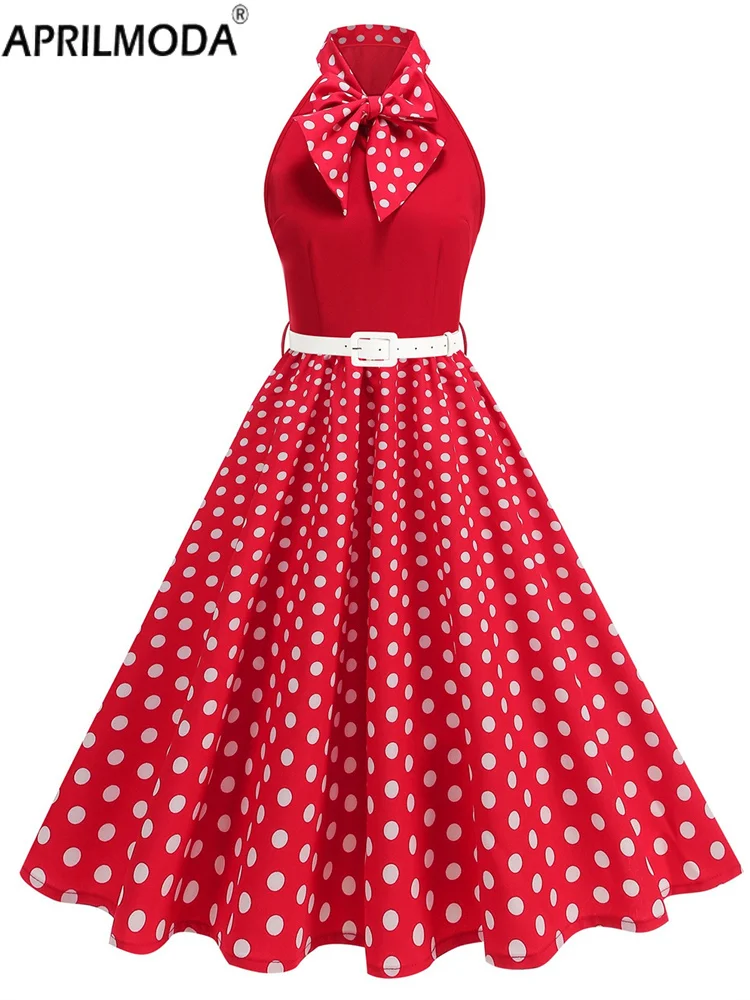 가을 봄 빈티지 패치워크 빅 스윙 A라인 캐주얼 드레스 50년대 슬리브리스 홀터 폴카 도트 프린트 보우 넥 오피스 파티 드레스