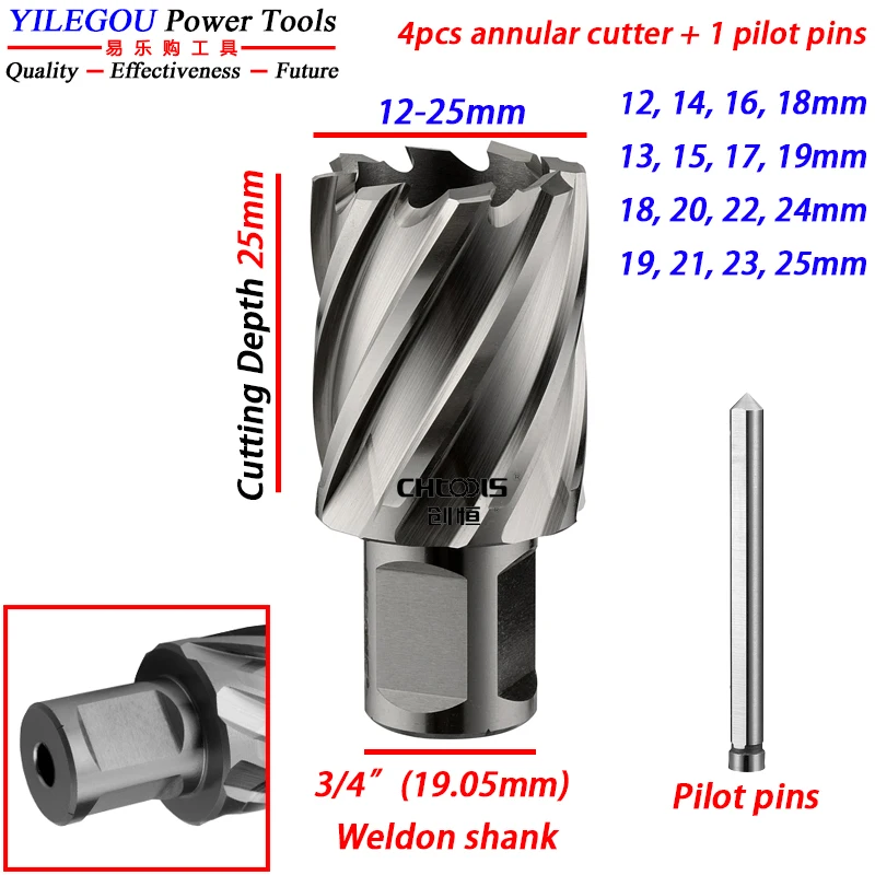 4 Pcs 25mm HSS Annular Cutter (3/4