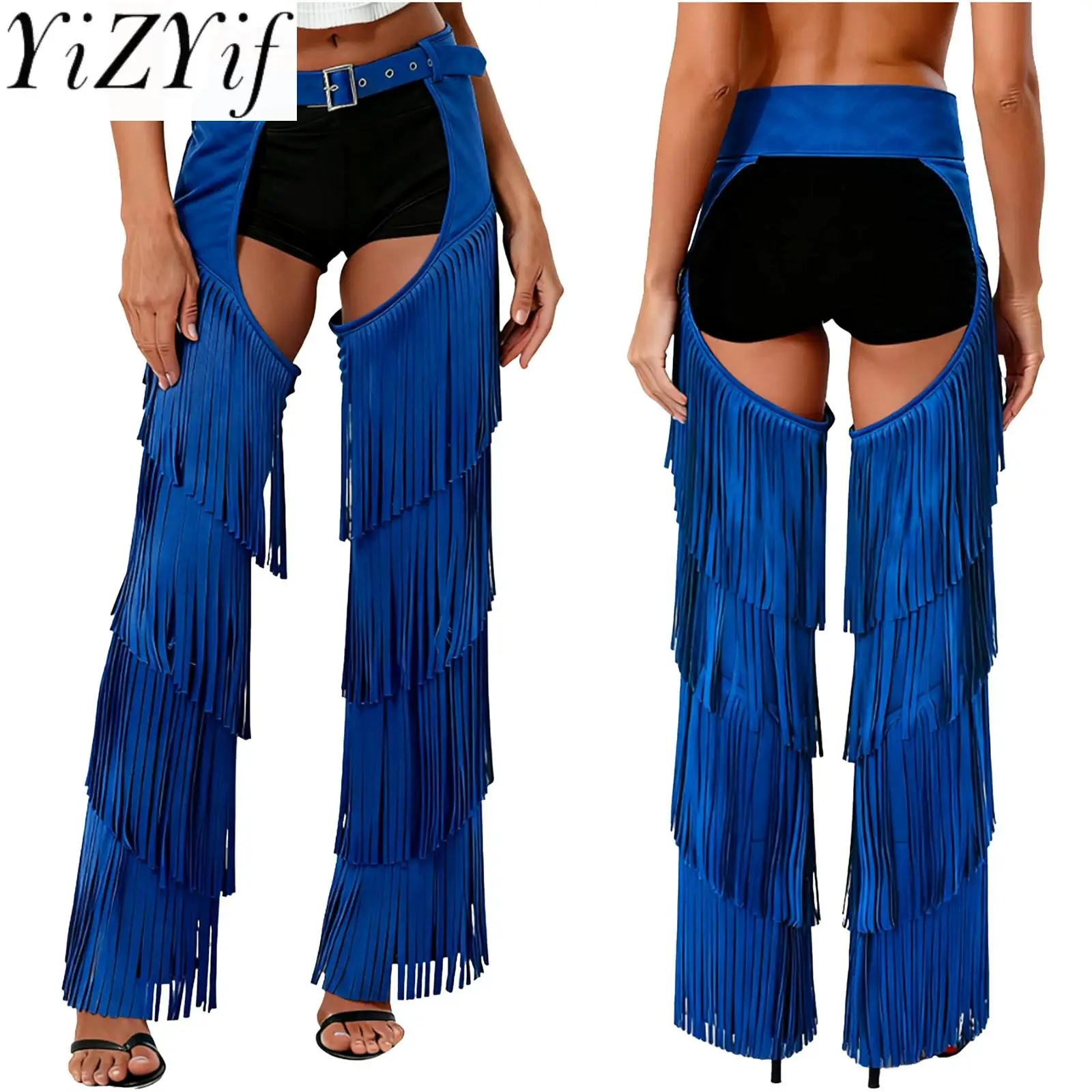 

Women Western Cowgirl Cosplay Chaps Pants Stylish Cutout Crotch Fringe Design Trousers for Party Raves Western Motorcycle Pants