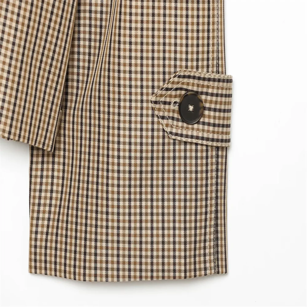 Schicker, lockerer Damen-Trenchcoat im Karomuster, Vintage-Stil mit Umlegekragen, doppelreihig, mit Schnürung, Damenjacke, Herbst 2026, neue Damenoberbekleidung – Detail 7