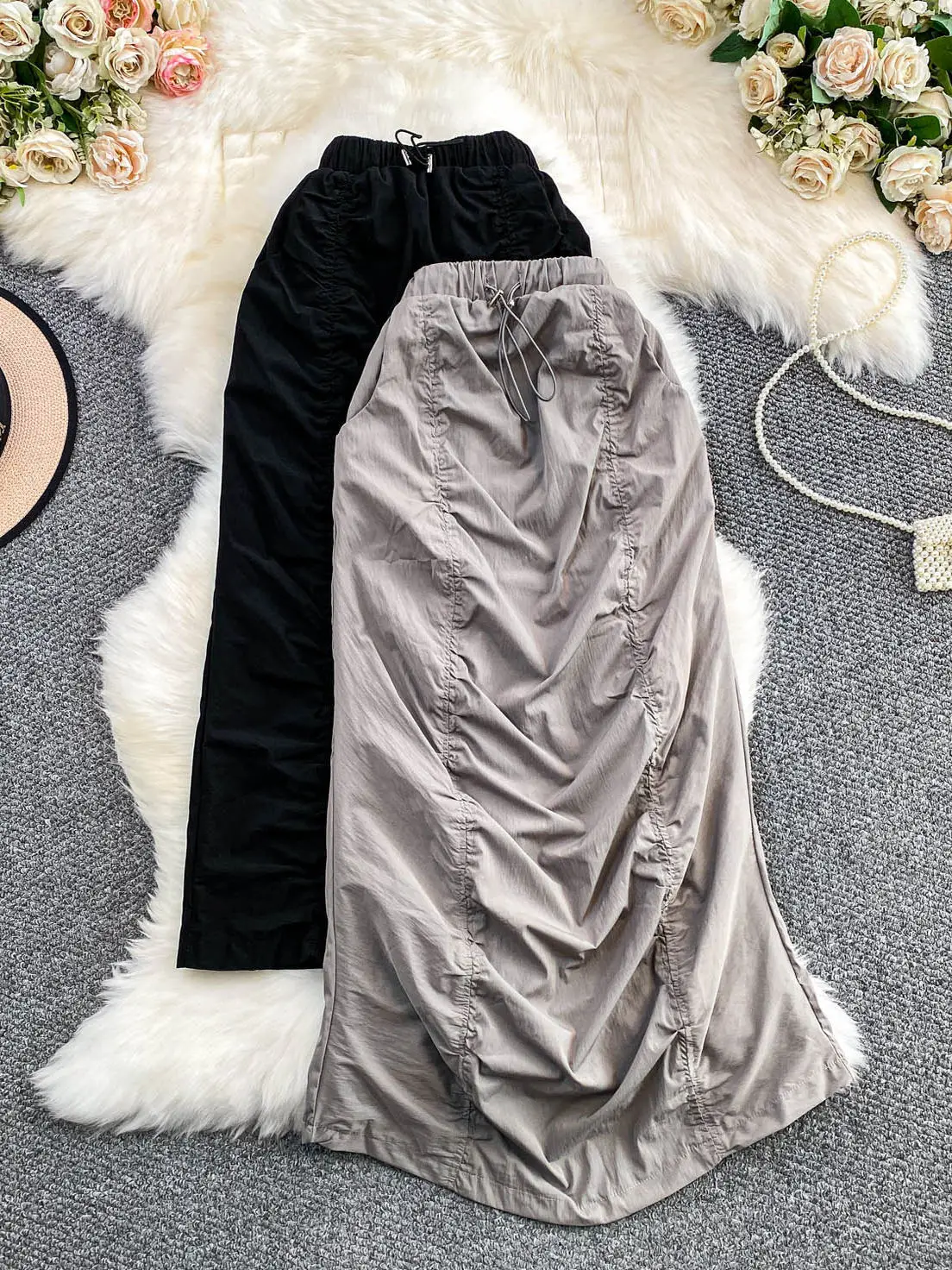 

Bla Pleated A-Line Skirt Women's High Waist Elastic Dstring Design Sensation Slimming Midi Skirt Korean Sle