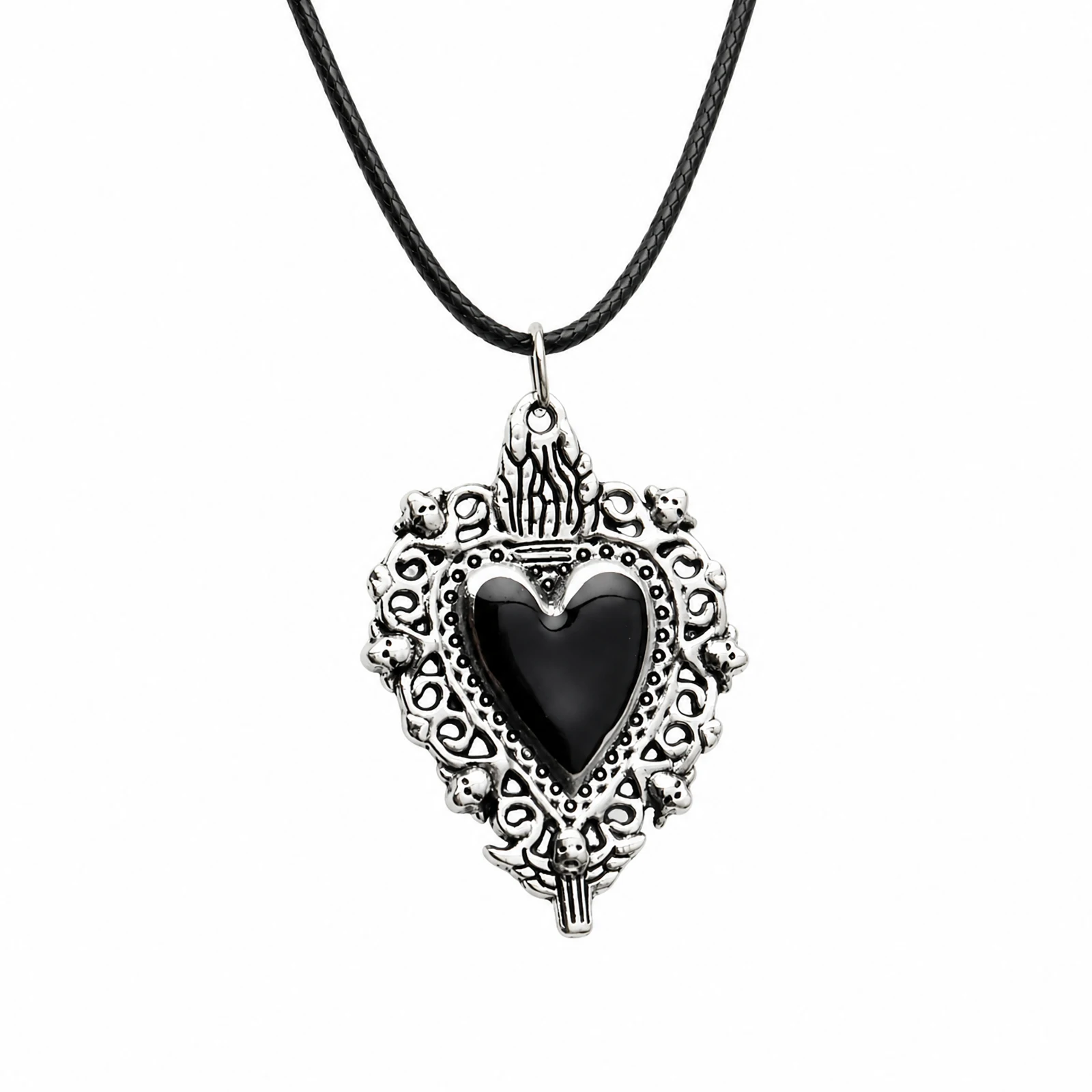Gothic Black Heart Necklace Antique Silvery Skull Frame Pendant Black Wax Cord Chain Dark Aesthetic Jewelry for Women