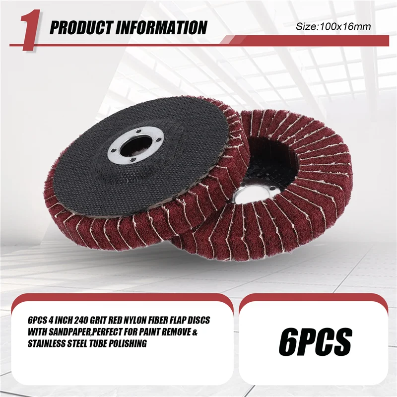 Emption! 6 SZTUK 4-calowych tarcz listkowych z czerwonym włóknem nylonowym o ziarnistości 240 z papierem ściernym, idealnych do usuwania farby i polerowania rur ze stali nierdzewnej