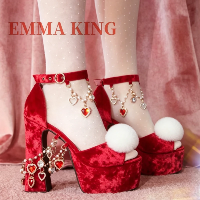 Women's Red Velvet Platform Sandals Fluffy Pom Peep Toe Dress Shoes Crystal Metal Chain Lolita Shoes Woman Big Size 44 45 46