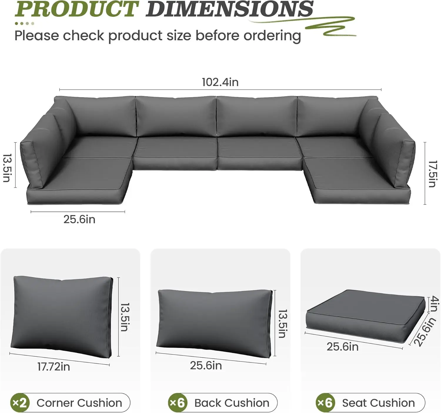 وسائد أريكة خارجية مكونة من 14 قطعة، مقاومة للماء وسريعة الجفاف، جزء سفلي غير قابل للانزلاق، مناسبة لجميع الأحوال الجوية، قماش صديق للبيئة، رمادي