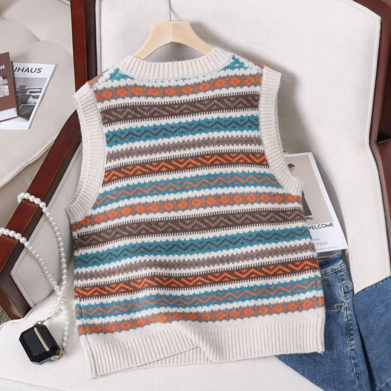 #3928 Sweater Vest Women V-neck Slim Vintage Short Knitted Vest Femme Sexy Sleeveless Striped Pullover Vest Female Vintage