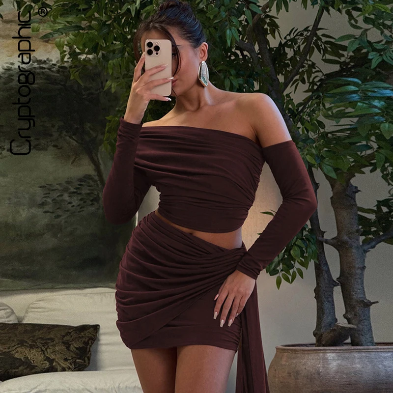 

Cryptographic Elegant Asymmetrical Ruched 2 Piece Sets Club Party Long Sleeve Cropped Top and Skirt Suits Ribbon Wrap Skirts