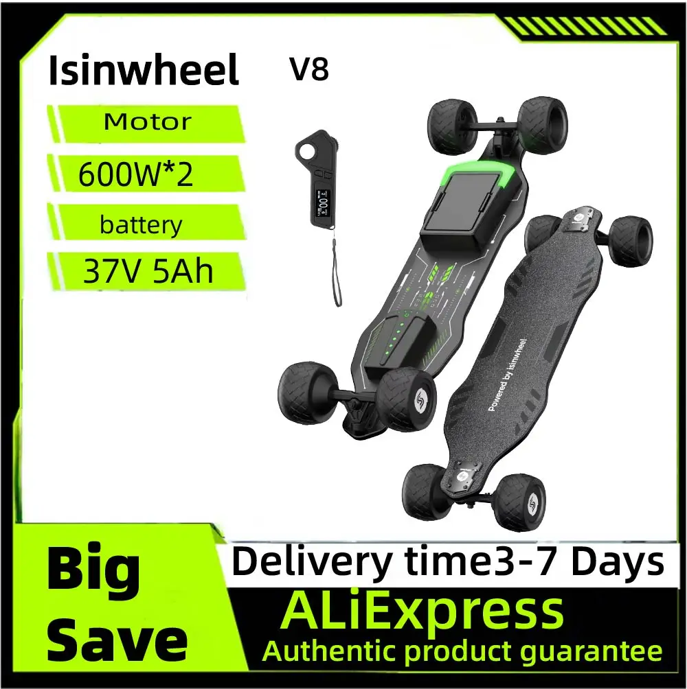 

Isinwheel V8 Adult Electric Skateboard 37V 5Ah Battery 600W*2 Dual Motor f-road wheels E-skateboard E-scooter