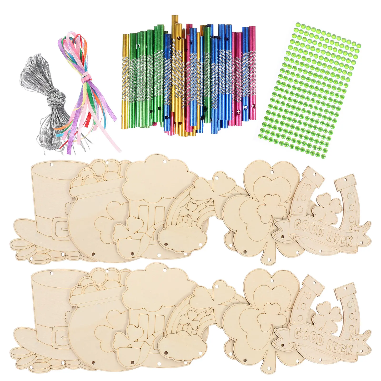 1Set St Patrick Day Wooden Wind Chime DIY Kit Unfinished Blank Craft Decor for Garden Yard Balcony Indoor Spring Party Shamrock