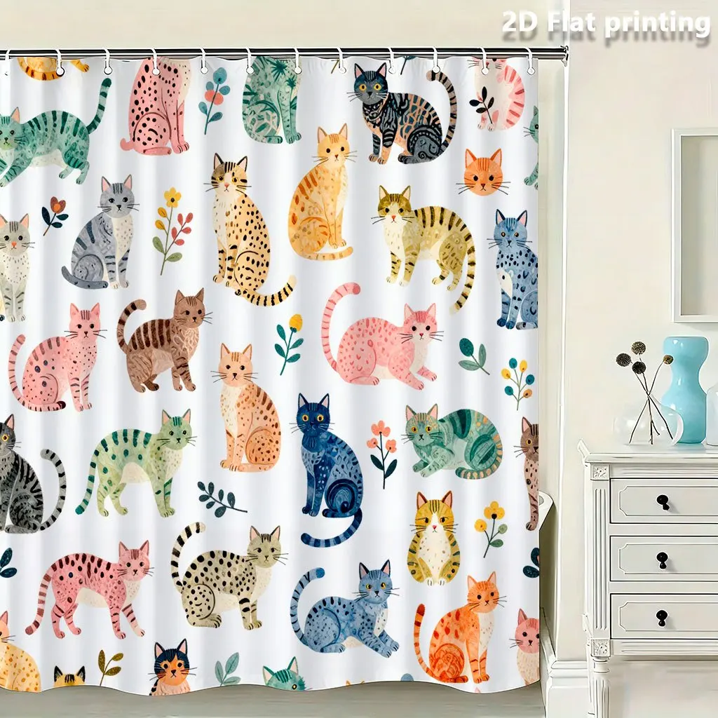 

Абстрактная занавеска для душа с животными мотивами – разноцветные стилизованные фигуры с цветочными акцентами, полиэстер, 12 люверсов, можно стирать в машине.