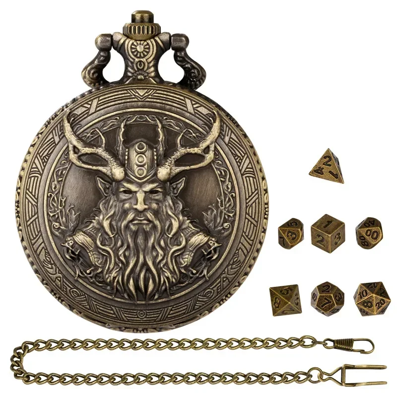 

Antique 7 X Mini Polyhedral Metal Dice Set with Pocket Watch Case Pendant Chain Gaming Accessory for Role Play Entertainment