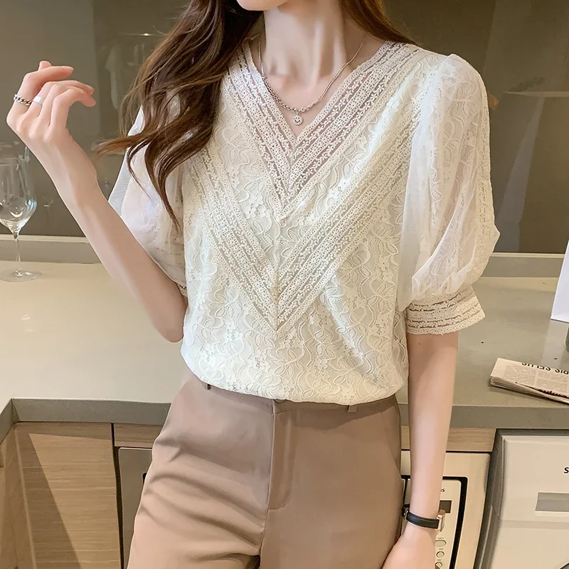 Summer Women V-Neck Apricot Lace Blouse Shirt Women Tops Short Sleeve Blouse Women Blusas Mujer De Moda 2024 Blouses Shirts E686