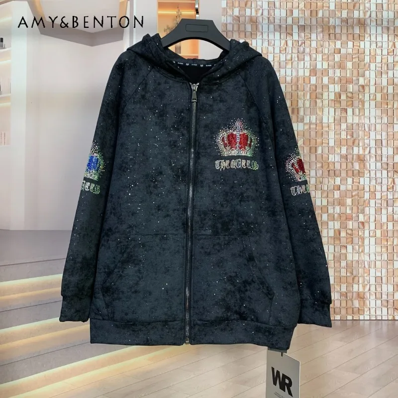 

Trendy Fashion Full Diamond Crown Light Luxury Loose Oversized Hoodies Long Sleeved Hooded Cardigan Sweatshirt Jacket For Women