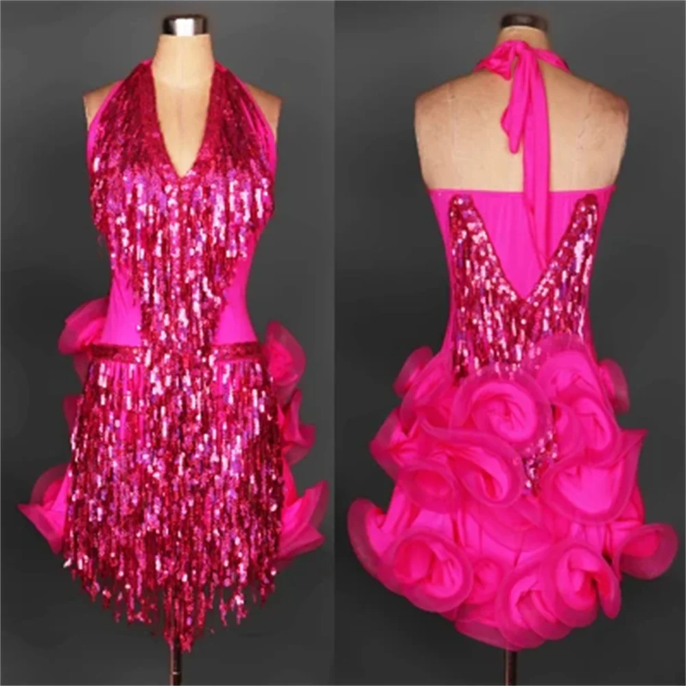 Falda de baile latino estilo flores, Semi-halter, ropa de competición de baile latino, falda de baile con borlas, vestidos de baile latino para mujer
