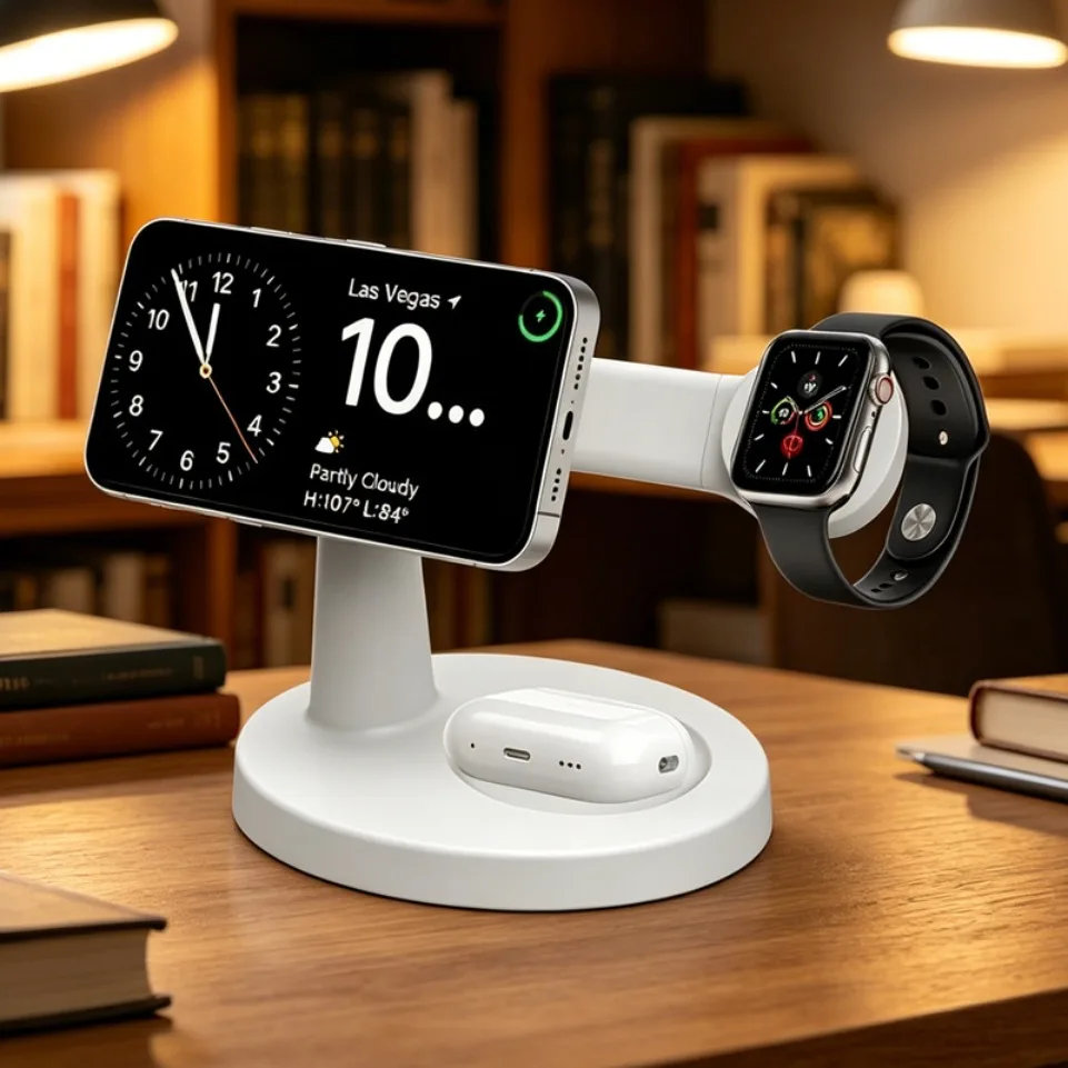 Base de Carga Inalámbrica Magnética 3 en 1 para Magsafe iPhone 17 16 15 14 13 Pro, Apple Watch 9 8, AirPods Pro, Estación de Carga Rápida