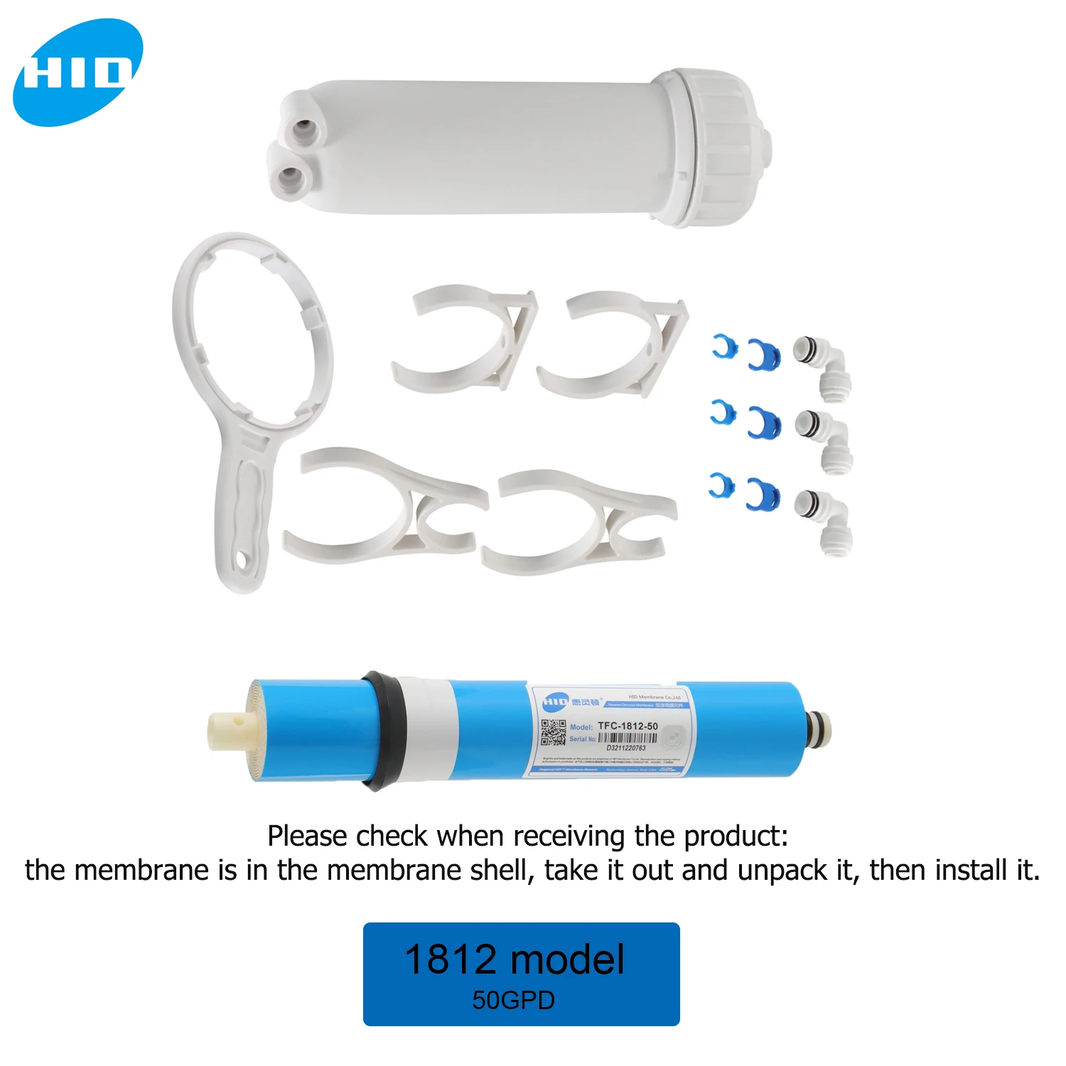 Kit de membrana HID 1812 50 GPD RO Membrana de ósmosis inversa 50gpd con carcasa de membrana 1812 y accesorios