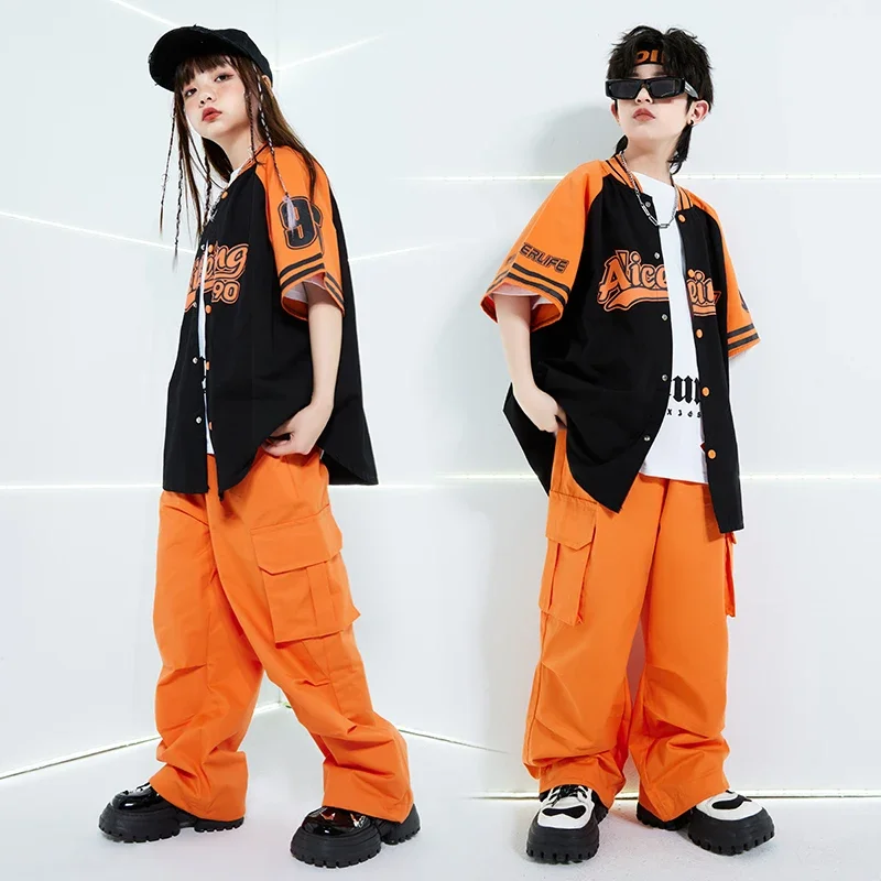 

Hip Hop Boys Orange Baseball Jacket Cargo Pants Girls Streetwear Coat Children Jazz Clothes Sets Kids Street Dance Costume
