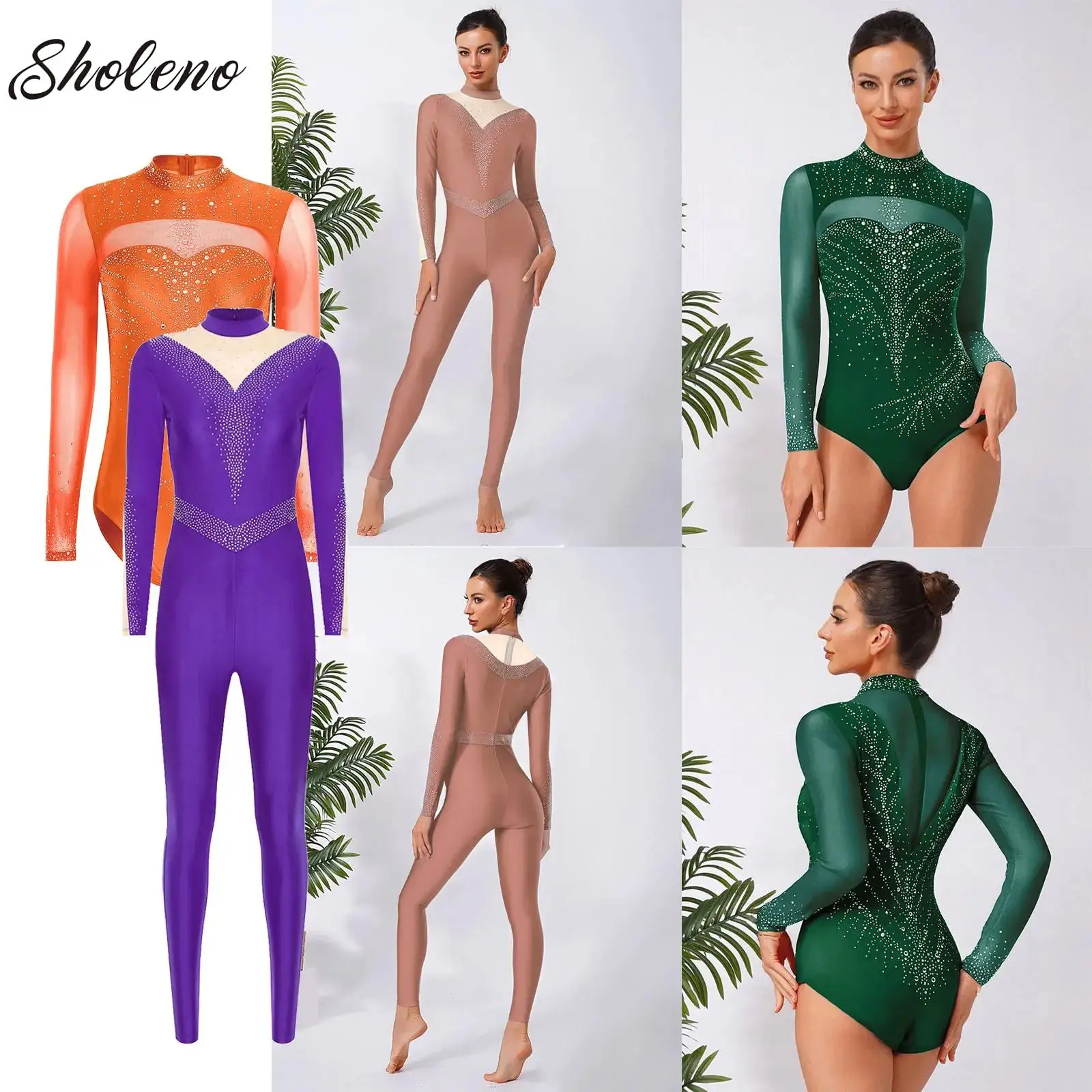 

Women Adult Rhinestones Ballet Dance Leotard Long Sleeve Long Pants Jumpsuit for Acrobatics Gymnastics Skating Training Dancing