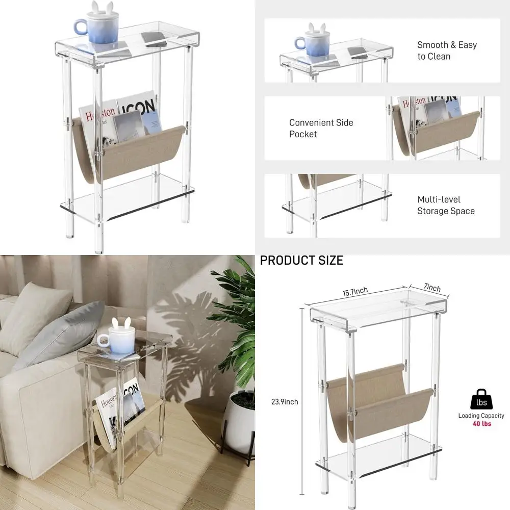 

Clear Acrylic Slim Side Table with Magazine Rack for Compact Spaces - Ideal for Living Room, Bedroom, or Nightstand